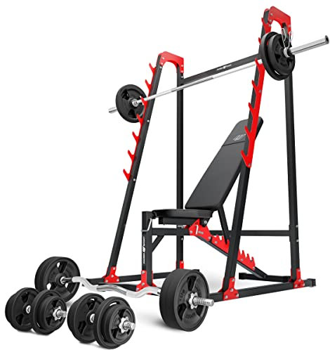 Marbo Sport Sport-Set MH24 – verstellbare Hantelbank, Langehantelständer, 1 x SZ-Curlstange, 2 x Kurzhantelstange, 1 x Langhantelstange + gummierte Gewichtsscheiben 113 insg. Kg
