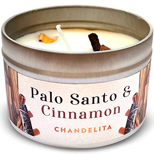 Chandelita Duftkerze mit Palo Santo & Zimt für Meditation & Reinigung – Handgemachte Duftkerzen aus Sojawachs mit Stücken – Vegane Kerze mit Ätherischen Ölen – Aromatherapie Candle – Chakra Kerze
