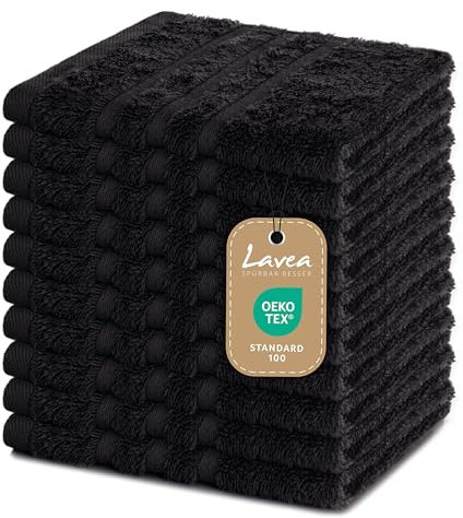 Lavea Lot de 10 Serviettes de Toilette 30 x 30 cm – Serviettes d'invité de qualité supérieure 30 x 30 cm en 100% Coton, série éponge Elena – Absorbantes, lavables et résistantes – Noir
