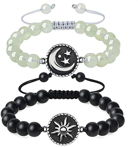 COAI Geschenkideen Ying und Yang Armbänder aus Mattem Onyx und Prehnit mit Sonne und Mond Charm