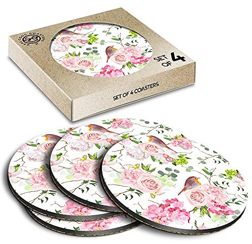 4 x Eco Boxed Cork Coasters - Pretty Robin Bird Pink Rose Flower Drink Cup Mug Glass Table Mat #15920