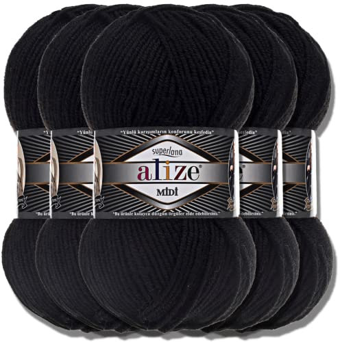 Alize 5 x 100g Superlana Midi Türkische Premium Wolle Baumwolle und Acryl Uni Handstrickgarne | Yarn | Garn | Strickgarn Einfarbig Baby zum Häkeln Stricken Kleidung Schals (Black | 60)