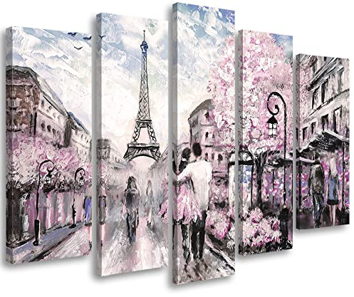 Feeby 5-teilig Bild auf Vlies Leinwand 150x100 cm Paris Gemälde Eiffelturm Frankreich Kunstdruck Modern Wandbilder Deko Flur Wohnzimmer Romantisch Gehendes Paar Liebe Weiß