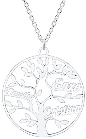 INBLUE Cadeau Personnalisé Femme, Collier Prenom Personnalisé avec Pendentif Arbre de Vie Pendentif Personnalisable avec Noms et Pierres de Naissance, Collier en Argent Sterling pour MèRe/Grand-MèRe