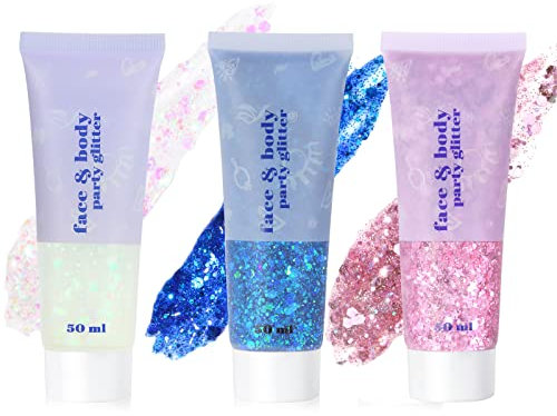 URAQT 3PCS Paillettes Visage, Glitter Body Gel, Paillette Maquillage, Paillettes Corps, Paillette Gel Liquide, Mermaid Sequins Body Glitter,pour Festival Fête Noël Pâques Maquillage Décoration (01)