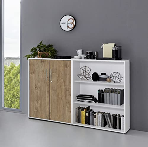 Schrankwand Office Edition abschliessbarer Aktenschrank Büroschrank Büromöbel Regal in Weiß/Gold Harbor Oak (Set 1 niedrig)