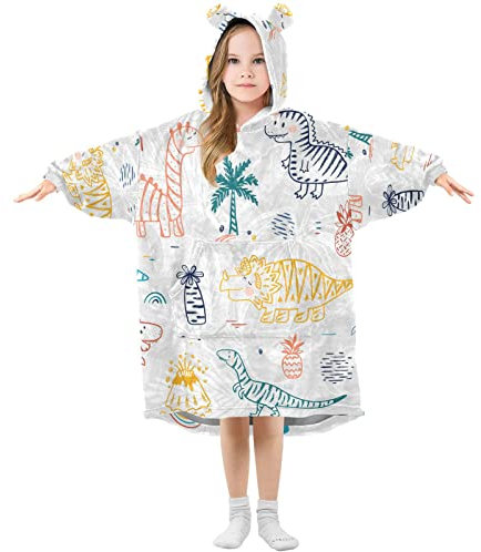 Übergroße Decke für Kinder, Dinosaurier, Cartoon, Kinder, Dino, warmes Fleece-Sweatshirt, Plüsch, tragbar für Mädchen und Jungen, geräumige Vordertasche, niedliche Ohrkappe, Dinosaurier Doodle Dino, S