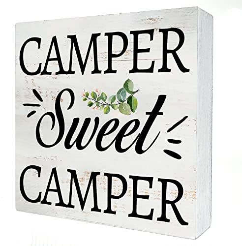 Camper Sweet Camper Holz Box Schild Home Decor Rustikales Camping Zitat Holzbox Schild Block Plaque für Wand Tischplatte Schreibtisch Home Dekoration 12,7 x 12,7 cm