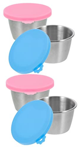 Cabilock 4 pcs Stainless Steel Sauce Cup Condiment Cups Reusable Sauce Container with lid Condiment containers with lids Storage containers mini ramekins Box Silica Gel Portable
