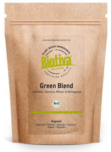Green Blend Lot de 120 capsules d'herbe de blé, chlorella, spiruline, herbe de blé, de qualité bio Biotiva