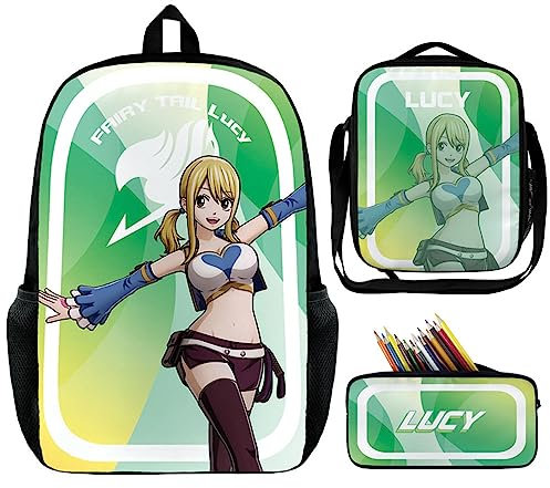 Jilijia Anime Fairy Tail Rucksack 3-teiliges Schulranzen-Set Anime Bedruckter Mode Rucksack Umhängetasche Federmäppchen für Schüler Kinder Teenager, Lucy Heartfilia, 45×33×14 cm, Schulranzen-Set