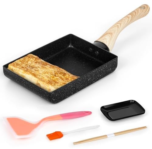 Winter Shore Kit Poele Omelette Japonaise - Poele a Oeuf Rectangle Antiadhésive avec Poignée en Bois - Comprend 1 Assiette pour Omelette, 1 Pinceau & 1 Spatule en Silicone, & Baguettes de Cuisson
