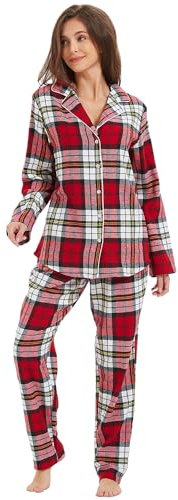 Mnemo Home Damen Schlafanzug Lang Flanell Pyjama Damen 100% Baumwolle aus Flanell Karomuster
