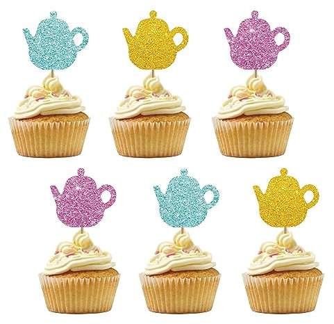 Set of 24 Teapot Cupcake Toppers, Gold&Pink Glitter Afternoon Tea Cupcake Picks, Teapot Cake Decorations for Tea Party/Baby Shower Party Supplies