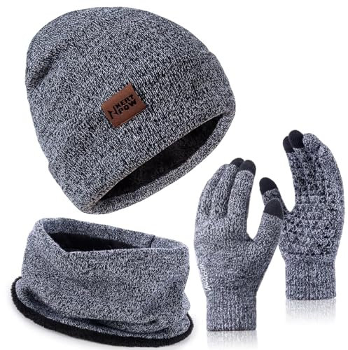 Nertpow Mütze, Schal & Handschuh-Sets für Damen Herren, Touchscreen Handschuhe Winter Beanie Mütze Stricken mit Fleece Gefüttert Schal Halswärmer Geschenk Set(Handschuhe&Mütze&Schal Schwarz Weiß)
