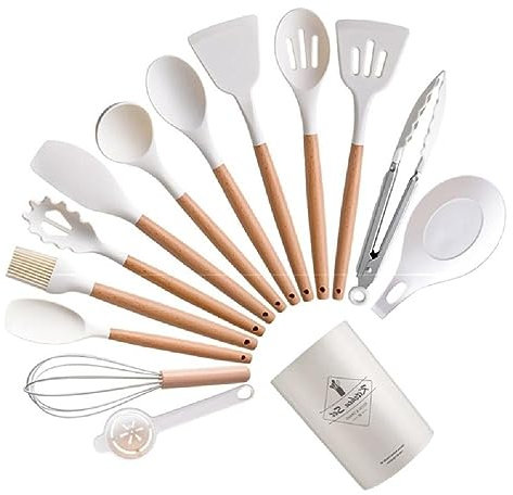 14 utensilios de cocina de silicona de grado alimenticio, asas de madera antiadherentes, pinzas de cocina, cuchara, espátula, herramienta de mango de madera