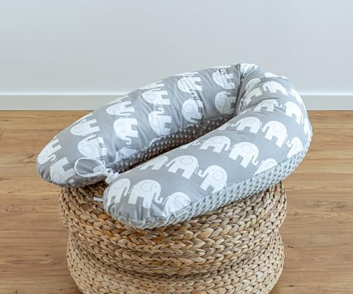 LOOLAY Schwangerschaftskissen - Stillkissen 170 cm - Seitenschläferkissen 100% Baumwolle - mit Abnehmbarem Minky Bezug - Ergonomisches Schwanger Kissen für Schlafen (Elefant Grau/Minky Grau)