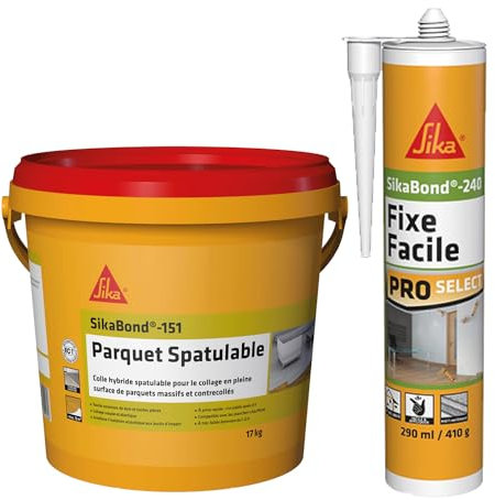 SIKA - Colle hybride souple pour la pose et le collage en pleine surface de parquets - Marron - 17kg + Colle acrylique pour l'agencement intérieur - Replace clou & vis - Blanc - 290ml