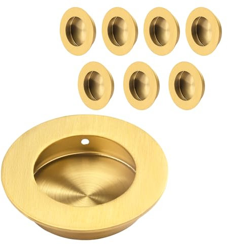 HOMOTEK 8 Pack Round Sliding Closet Door Handles Diameter 2-1/2 in(65mm) Brushed Brass Steel Flush Pocket Pulls Recessed Bypass Door Handles, Barn Door Finger Pull Set, Free of Sharp Edge