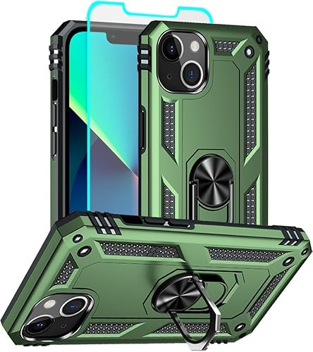 Aozuoton for iphone 13 Case, iphone 13 Phone Case with HD Screen Protector, [Military Grade 16ft. Drop Tested] Ring Shockproof Protective Phone Case for iphone 13,Army Green