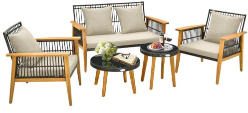 COSTWAY 5-teiliges Rattan Gartenmöbel Set Akazienholz, Gartenbank & 2 Gartenstühle & 2 Couchtische, Sitz- und Rückenkissen, Terrassenmöbel Polyrattan Sitzgruppe für Hinterhof, Poolbereich