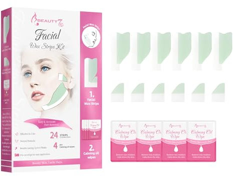 Beauty7 Gesichts Wachsstreifen vorgeschnitten wachs 24stk Gesichts Fit Wax Strips Kaltwachs Streifen mit 4stk Reiniger Öl Tücher Schmerzfrei enthaarungsstreifen augenbrauen schnell persian wax strips