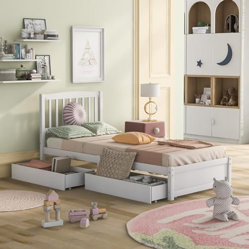 Skcess Einzelbett Massivholz Kiefernbett 90X200 Inkl. 2 Schubladen, Kopfteil Und Lattenrost Jugendbett Gästebett Weiß