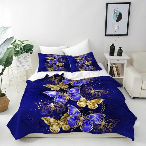 ANHOPE Saphir Gold Schmetterling Bettwäsche Set Weich Microfaser Bettbezüge mit Reißverschluss 2 Teilig Bettbezug 135x200 cm & Kissenbezug 80x80 cm Bettdeckenbezug Set für Kinder Mädchen