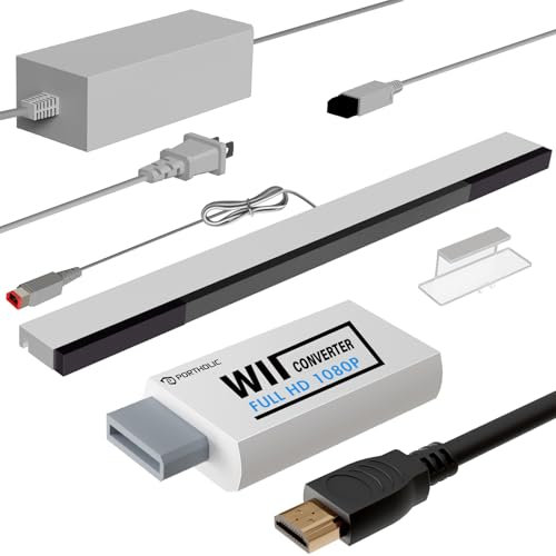 PORTHOLIC 4 en 1 Wii - Juego de Cables de Repuesto Wii AC + convertidor Wii a HDMI + Barra de Sensor de Movimiento con Cable y Cable de Audio y Video Compuesto para Nintendo