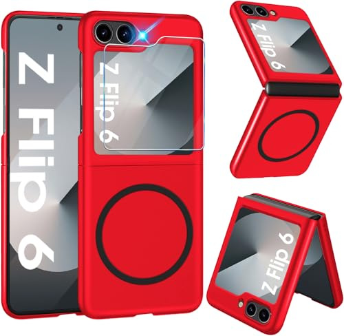 Magnetisch Handyhülle für Samsung Galaxy Z Flip 6 Hülle 5G mit Schutzfolie [für Mag-Safe] Folable Matt PC Galaxy Z Flip 6 Handytasche Case Ultra Dünn Stoßfest Schutzhülle für Samsung Z Flip6 (Rot)