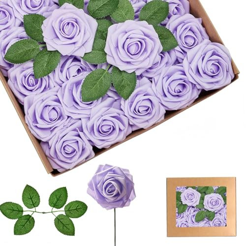 25 rose artificiali viola per decorazione, fiori finti in schiuma realistica al tatto, con steli, per sposa/baby shower, tombe, San Valentino, Natale, decorazioni per matrimoni