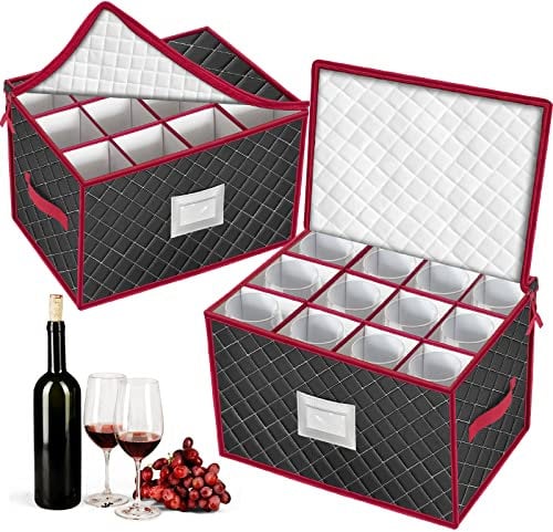 VERONLY Cajas de almacenamiento para copas de vino con divisores, capacidad para 12 recipientes de almacenamiento de copas de vino o cristalería, recipientes de almacenamiento de China con 2 asas y