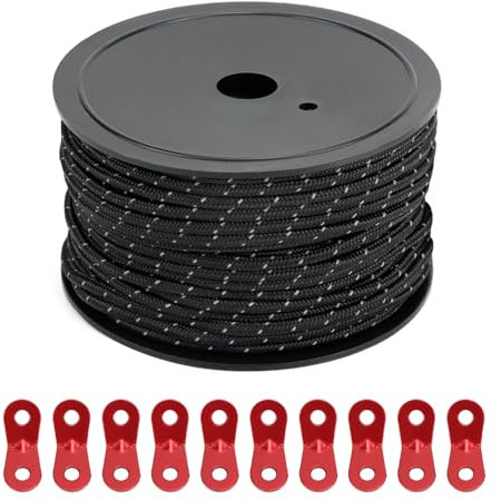 QWORK® Cordes de haubanage Haute résistance 5 mm x 50 m, Corde de Tente avec 10 tendeurs de Corde en Aluminium, Cordes de Tente réfléchissantes pour Camping, tentes, auvents, auvents