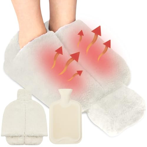 WIYETY Chauffe-pieds 2 en 1 : Bouillotte 2 L Sans Électricité, Qualité Supérieure, Grandes Tailles, Housse en Flanelle Douce, Pour Homme et Femme - Beige