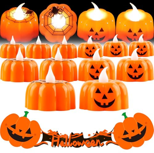 FainFun Halloween Deko Led Kerzen, 12 Stück Halloween Led Kerzen Kürbis, Teelicht Halloween für Halloween, Weihnachten, Partydekoration