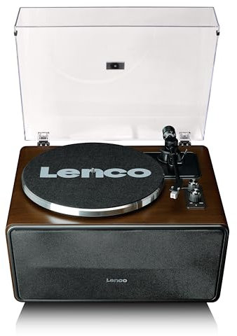 Lenco LS-470WA Giradischi All-in-One con Altoparlanti Integrati (80W), Bluetooth, Trasmissione a Cinghia e Testina Audio Technica - Finitura in Noce