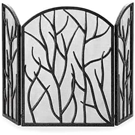Puerta mosquitera plegable de hierro forjado con parte superior curvada para quemar leña/disparar madera, 116 x 78 cm, color dorado (negro)