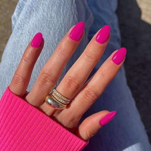 Hot Pink False Nails Short Oval, SXVME Simple Acrylic Press on Nails Short, Fushia Fake Nails Short, Natural Glossy Solid Gel Full Cover Acrylic Nails For Women Daily Wear