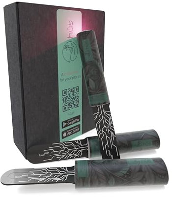 hûs+ Flower Smart 【 A Babysitter for Your Plants 】 Sensore intelligente WiFi per piante – Misuratore di umidità per piante – Tester per terreno impermeabile sensore WLAN digitale (1, Botanical Black)
