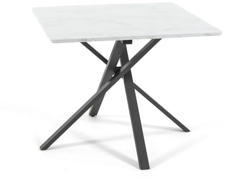 SIEDITI FUORI E DENTRO Tavolo quadrato 90x90 cm con gambe ad incrocio e top in laminato effetto Marmo Bianco, tavolo da pranzo per 4 persone, gambe ad X, stile modeno - Carlo