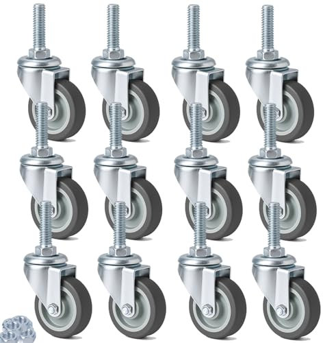 RRIUTO Juego de 12 Ruedas Giratorias con Vástago M10 x 1,5 x 30mm, Ruedas para Muebles Pesados Giratorio 360 Grados, Hasta 50 kg por Rueda, 50MM Ruedas de Transporte para Mover Carros, Estanterías