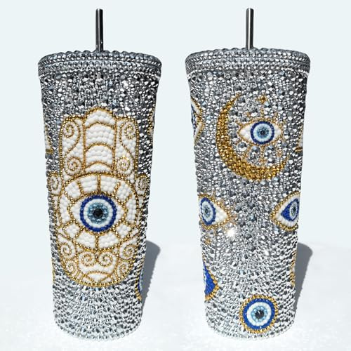 SlowVibes Handmade Evil Eyes Rhinestone Tumbler with Lid & Straw,24oz Stainless Steel Glitter Turkish Eye Coffee Cup,Reusable Bling Water Bottle for Hot & Cold Drinks,Sparkle Evil Eye Gifts for Women