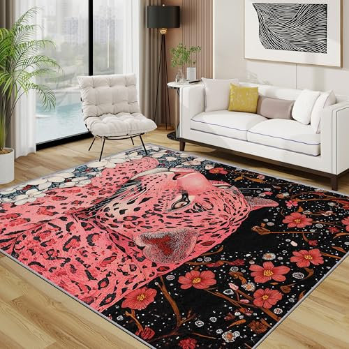 TerroVee Leopard Teppich, Blumen Wild Tiere Rosa Teppiche rutschfest Waschbar Weich, Fantasy Einzigartig Wohnzimmerteppich Schlafzimmer Jugendzimmer, 120x180 cm, Rosa Weiß Rot