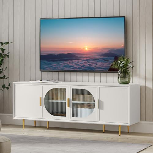 HOLTICO TV Stand Unit, Modern White TV Stand Cabinet with Storage and 4 Doors, Wooden Console Table for 65/70/75 Inch Television, TV Units for Living Room, Bedroom