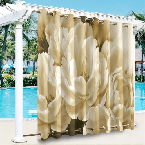 Hiseng Outdoor Vorhänge Wetterfest mit Ösen Oben und Unten, 3D Blume Muster wasserdichte Outdoorvorhänge 1 Stück Verdunkelungsvorhang Sichtschutz Vorhang für Garten (Weiß Blume A,180x213cm)