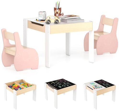 COSTWAY Kindertisch mit 2 Stühlen, 3 teilige Kindersitzgruppe aus Holz mit wendbarer & abnembarer Tischplatte, Kinder Maltisch mit Stauraum, Kindermöbel Sitzgruppe für Kinder ab 3 Jahren (Rosa)