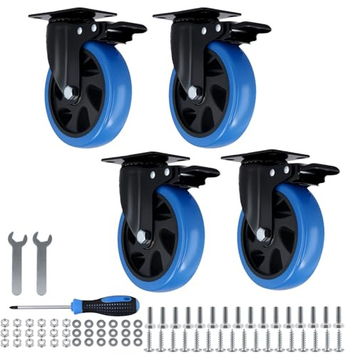 ZEONHEI 4er set 125 mm Lenkrollen mit Bremse, Schwerlastrollen Tragkraft 520 kg, Möbelrollen mit Bremse Blau, Bockrollen Schwerlast Lenkrollen, 360° Grad Transportrollen für Möbel, Industrie