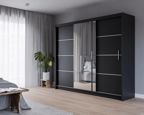 Krudox PRVTA 250 cm Schwarz Schwebetürenschrank Mit Spiegel Breiten 150/180/200/250 cm Kleiderschrank Für Wohnzimmer Mit Kleiderstange Farben Weiß/Schwarz/Sonoma