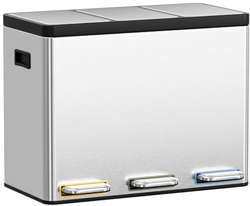 Clevich Mülltrennsystem 3×15L aus Stahl, Mülleimer 3 Fächer mit farbcodierten Pedalen, Abfalleimer mit Soft-Close-Deckeln und Inneneimern, Silber