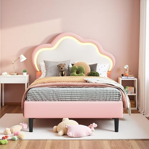 Aneutr Kinderbett Polsterbett 90x200 cm, Mädchen Einzelbett mit Lattenrost, Jugendbett Prinzessinnenbett mit Wolken-Design und verstellbarem Kopfteil für Kinderzimmer, PU (Rosa Wolken, 90x200)